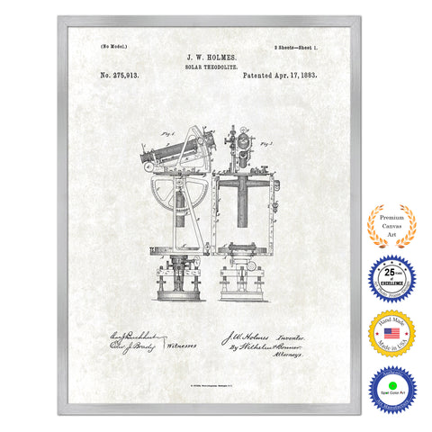 1883 Solar Theodolite Old Patent Art Print on Canvas Custom Framed Vintage Home Decor Wall Decoration Great for Gifts