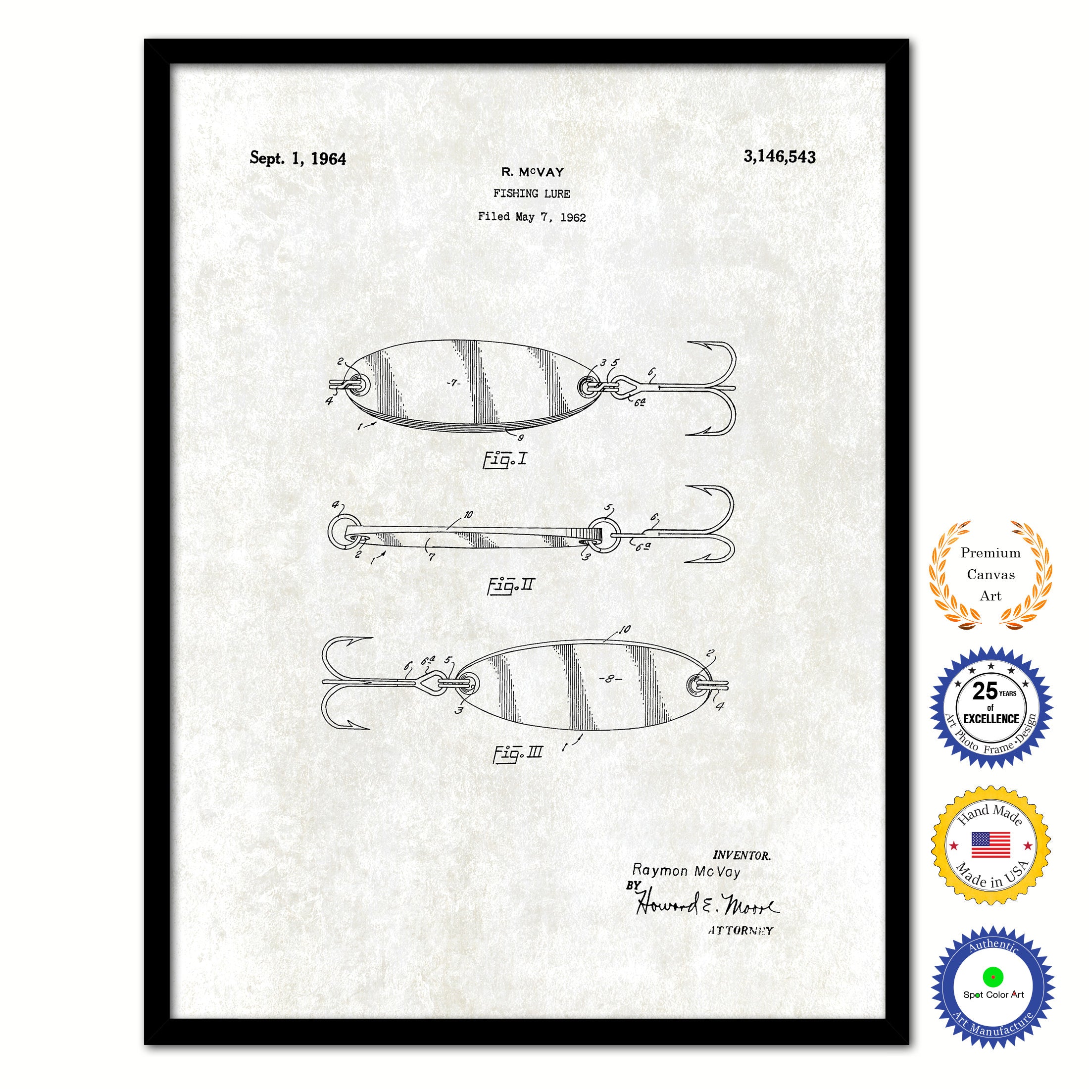 1964 Fishing lure Old Patent Art Print on Canvas Custom Framed Vintage Home Decor Wall Decoration Great for Gifts