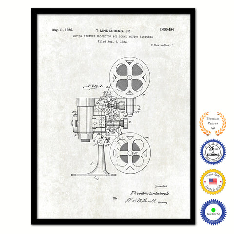1936 Lindenberg Motion Picture Projector Old Patent Art Print on Canvas Custom Framed Vintage Home Decor Wall Decoration Great for Gifts