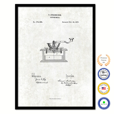 1876 Coffee Mill Grinder Vintage Patent Artwork Black Framed Canvas Print Home Office Decor Great for Coffee Spice Lover Cafe Shop