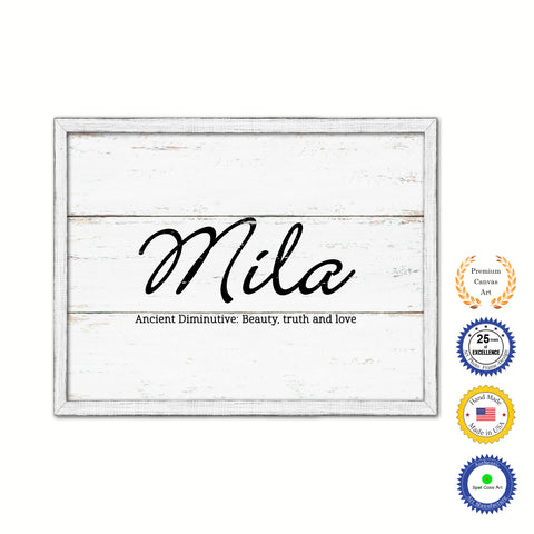 Mila Name Plate White Wash Wood Frame Canvas Print Boutique Cottage Decor Shabby Chic