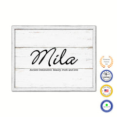 Mila Name Plate White Wash Wood Frame Canvas Print Boutique Cottage Decor Shabby Chic