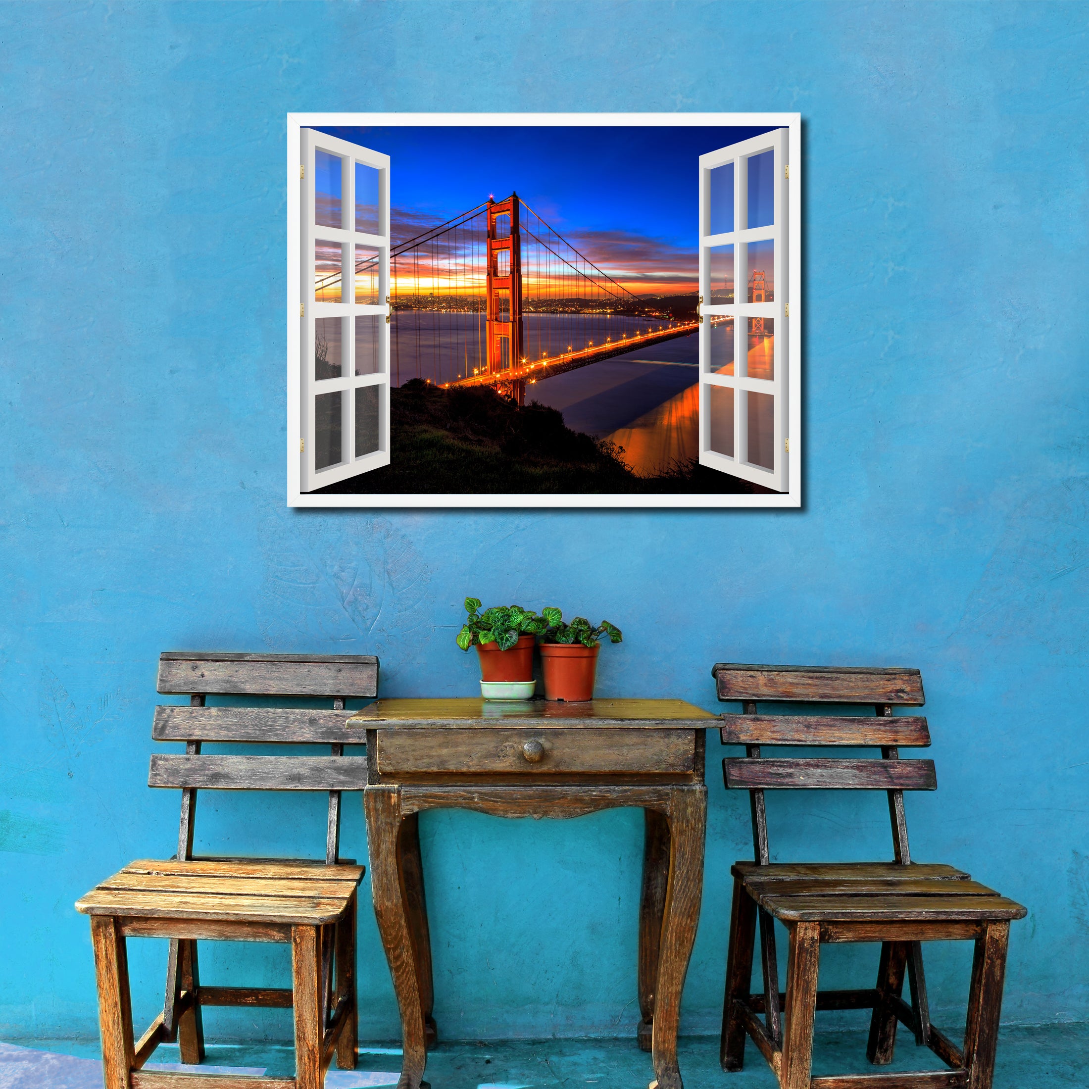 Golden Gate Bridge San Francisco California Sunset Picture French Window Framed Canvas Print Home Decor Wall Art Collection