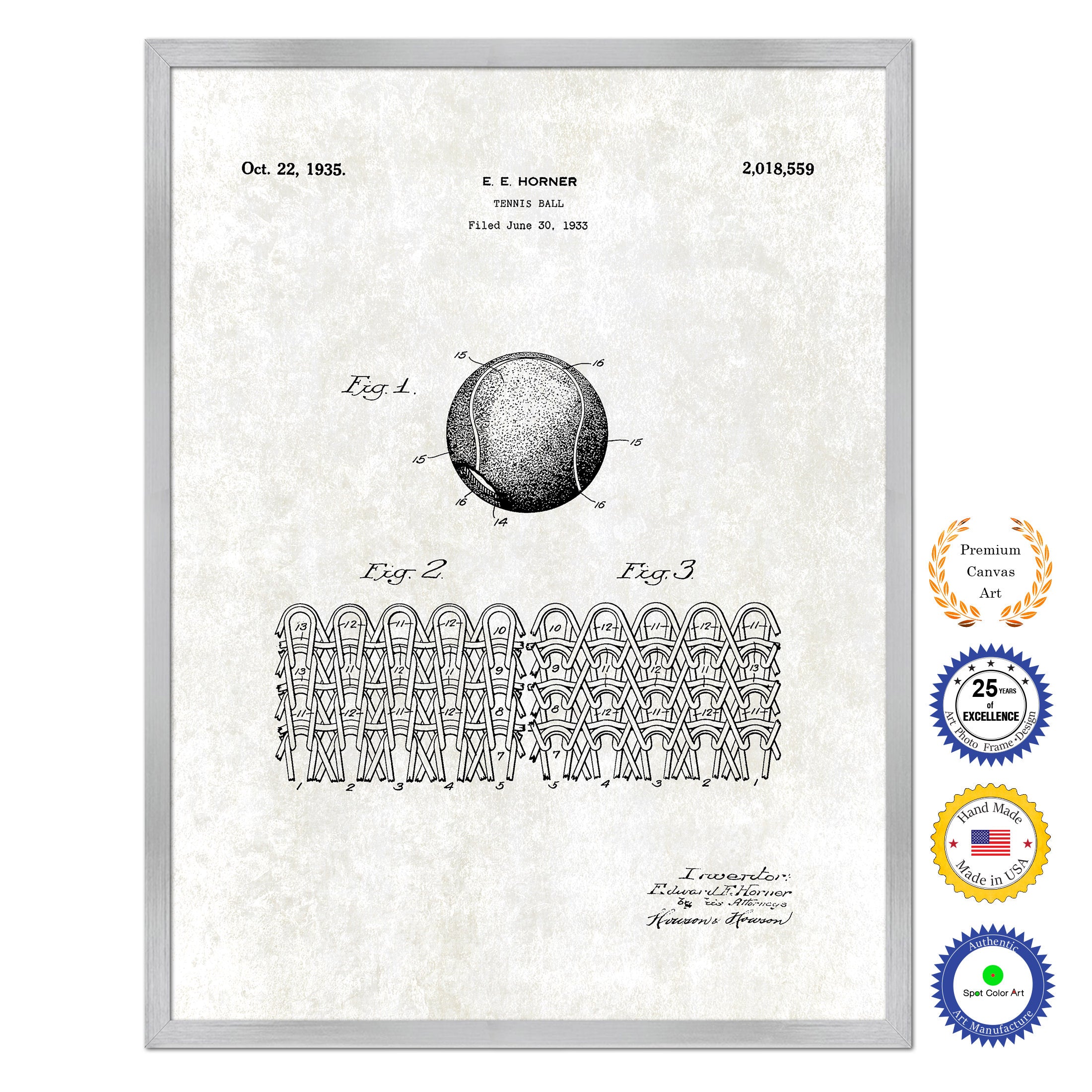 1935 Tennis Ball Old Patent Art Print on Canvas Custom Framed Vintage Home Decor Wall Decoration Great for Gifts
