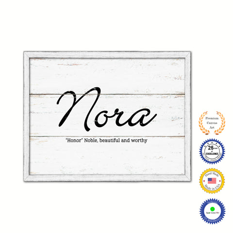 Nora Name Plate White Wash Wood Frame Canvas Print Boutique Cottage Decor Shabby Chic