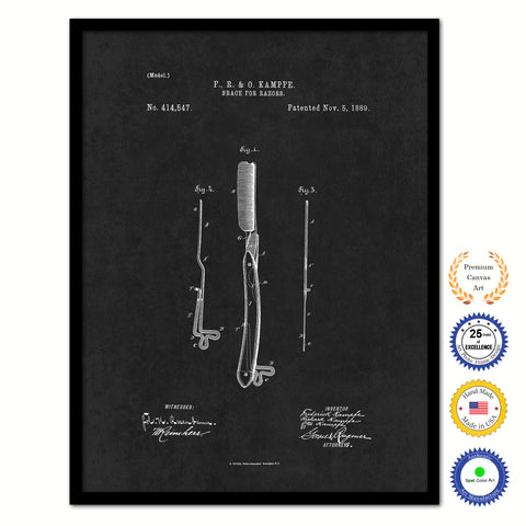 1889 Barber Brace for Razors Vintage Patent Artwork Black Framed Canvas Home Office Decor Great for Barber Salon