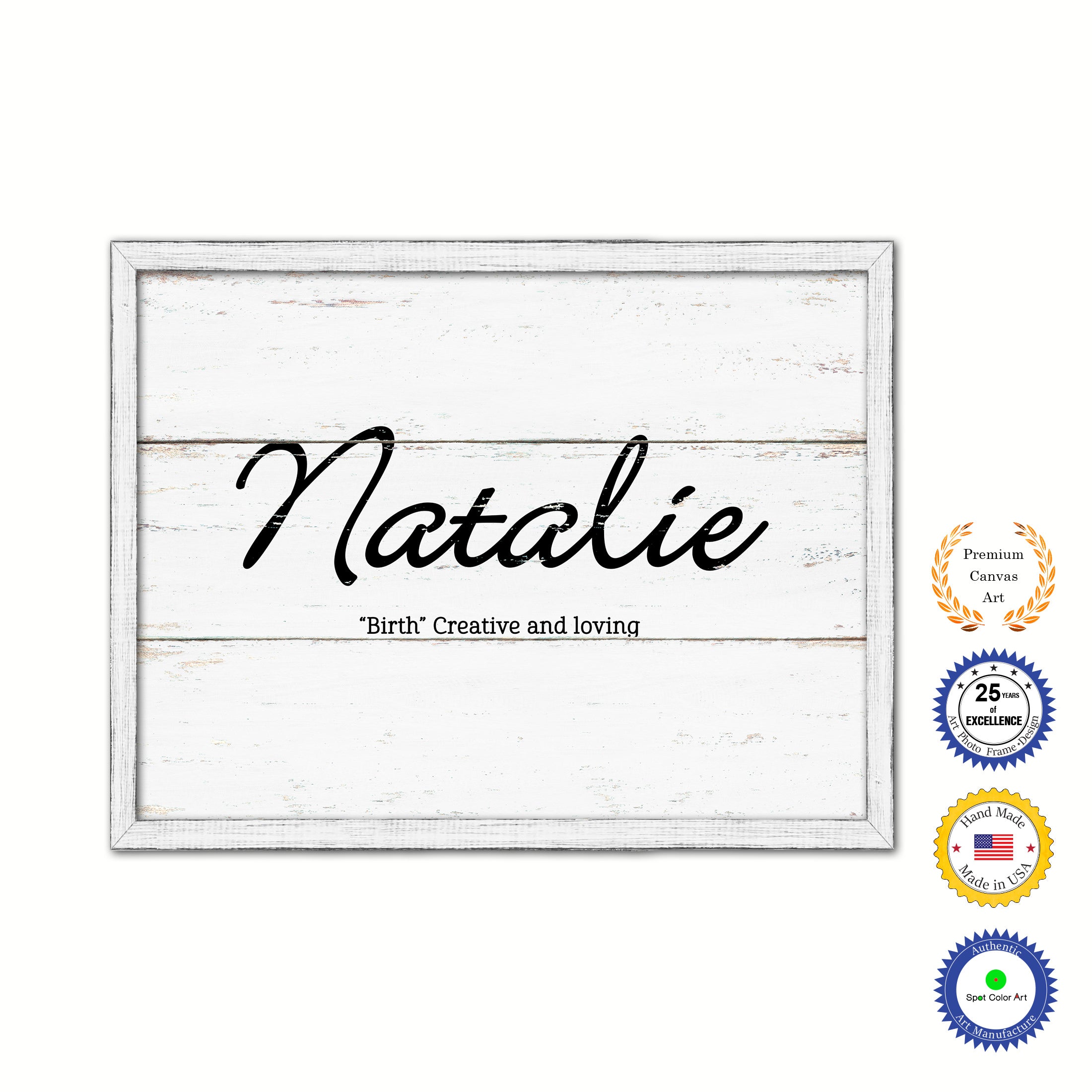Natalie Name Plate White Wash Wood Frame Canvas Print Boutique Cottage Decor Shabby Chic