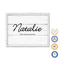 Natalie Name Plate White Wash Wood Frame Canvas Print Boutique Cottage Decor Shabby Chic