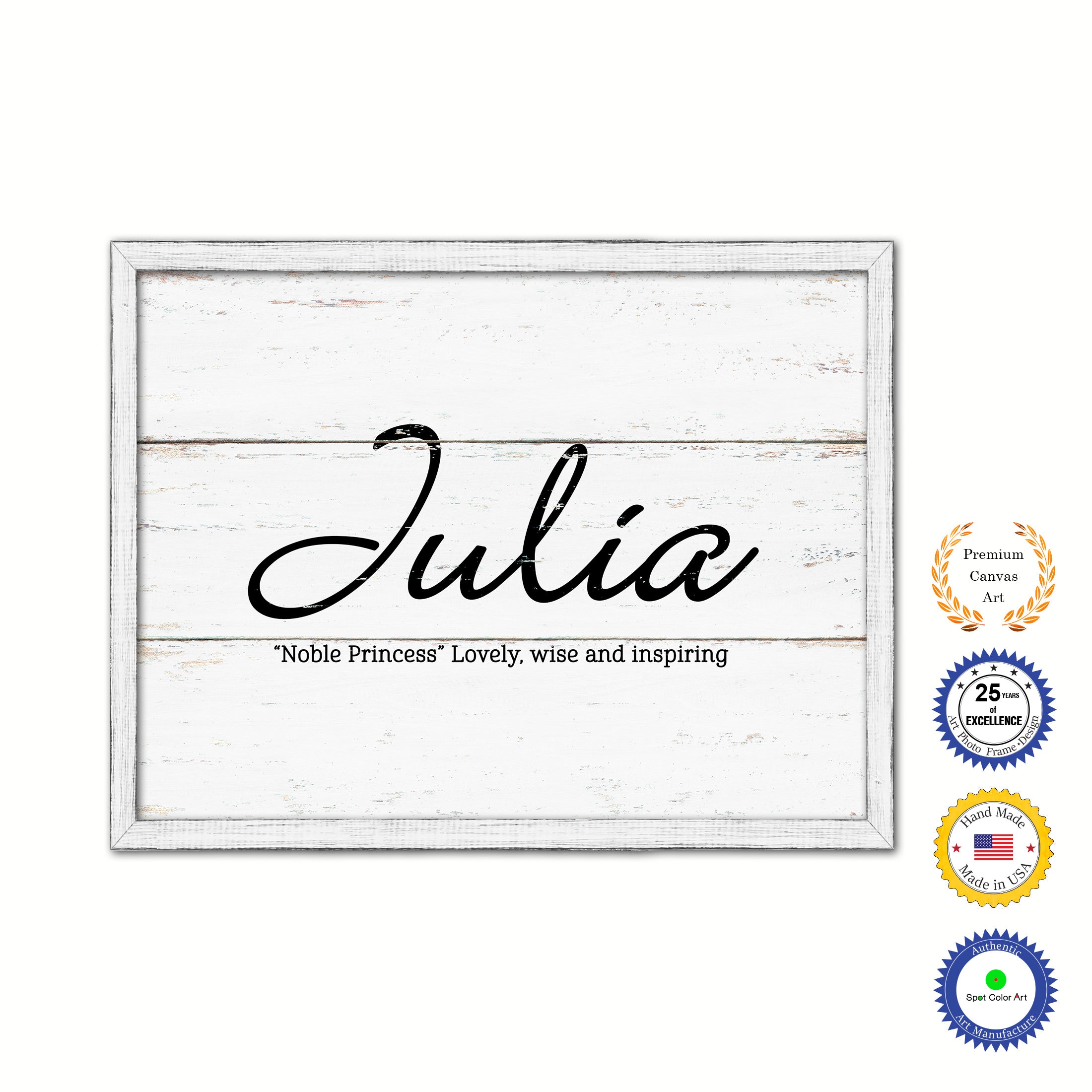 Julia Name Plate White Wash Wood Frame Canvas Print Boutique Cottage Decor Shabby Chic