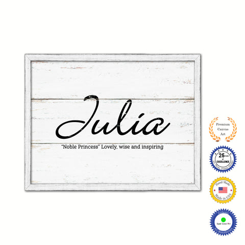 Julia Name Plate White Wash Wood Frame Canvas Print Boutique Cottage Decor Shabby Chic