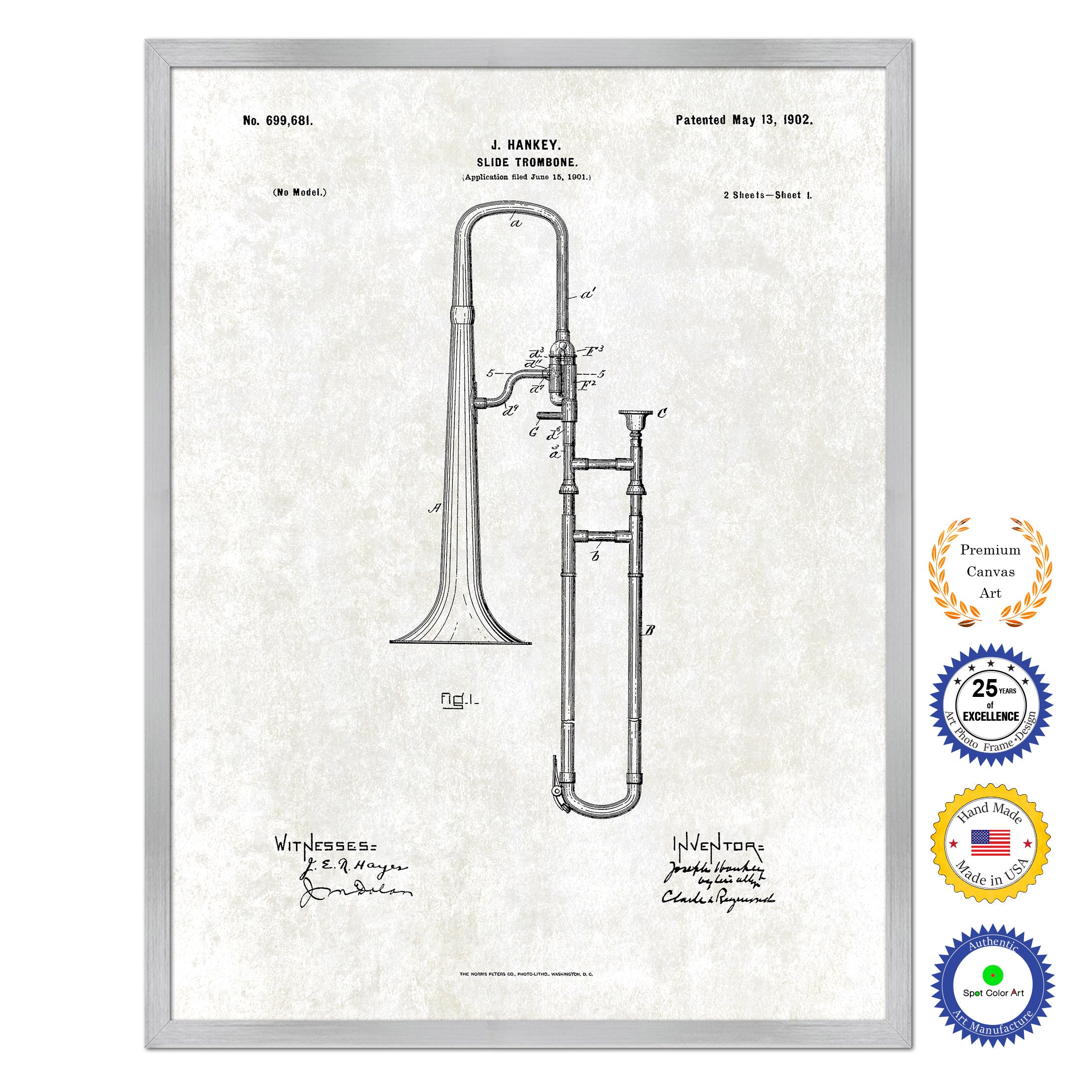 1902 Slide Trombone Old Patent Art Print on Canvas Custom Framed Vintage Home Decor Wall Decoration Great for Gifts