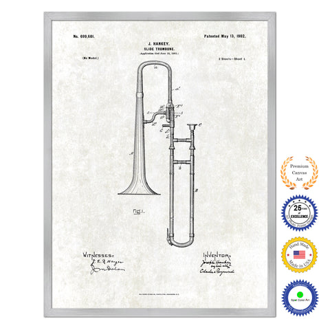 1902 Slide Trombone Old Patent Art Print on Canvas Custom Framed Vintage Home Decor Wall Decoration Great for Gifts