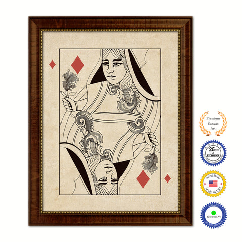 Queen Diamond Poker Decks of Vintage Cards Print on Canvas Brown Custom Framed