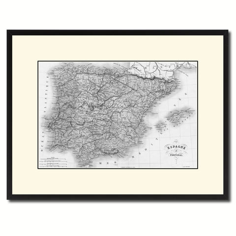 Spain Portugal Vintage B&W Map Canvas Print, Picture Frame Home Decor Wall Art Gift Ideas