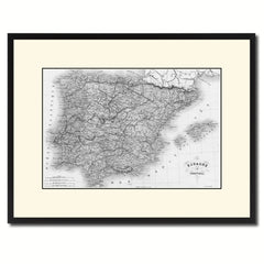 Spain Portugal Vintage B&W Map Canvas Print, Picture Frame Home Decor Wall Art Gift Ideas