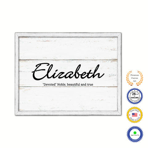 Elizabeth Name Plate White Wash Wood Frame Canvas Print Boutique Cottage Decor Shabby Chic