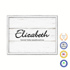 Elizabeth Name Plate White Wash Wood Frame Canvas Print Boutique Cottage Decor Shabby Chic
