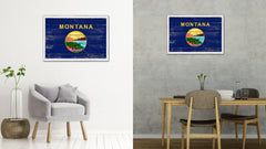 Montana State Flag Shabby Chic Gifts Home Decor Wall Art Canvas Print, White Wash Wood Frame