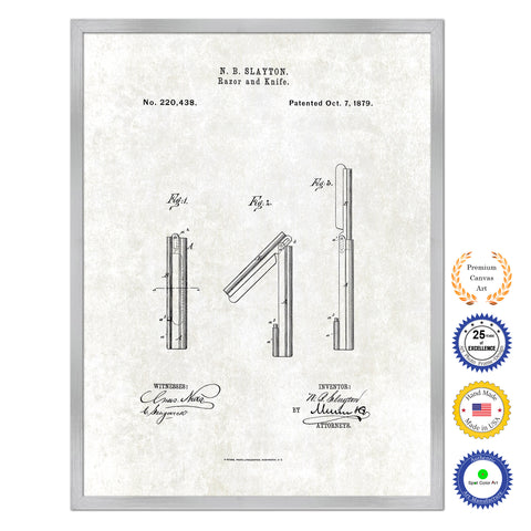 1879 Barber Razor and Knife Antique Patent Artwork Silver Framed Canvas Print Home Office Decor Great Gift for Barber Salon Hair Stylist