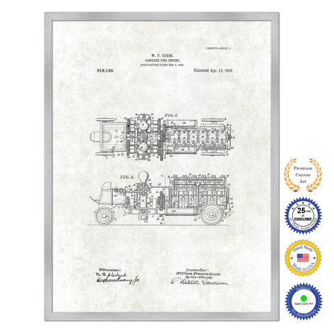 1909 Firefighter Gasoline Fire Engine Antique Patent Artwork Silver Framed Canvas Print Home Office Decor Great for Firefighter Fireman Firewoman