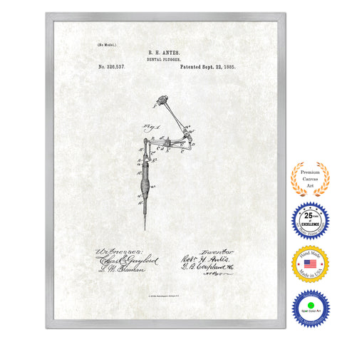 1885 Dentist Dental Plugger Antique Patent Artwork Silver Framed Canvas Print Home Office Decor Great for Dentist Orthodontist