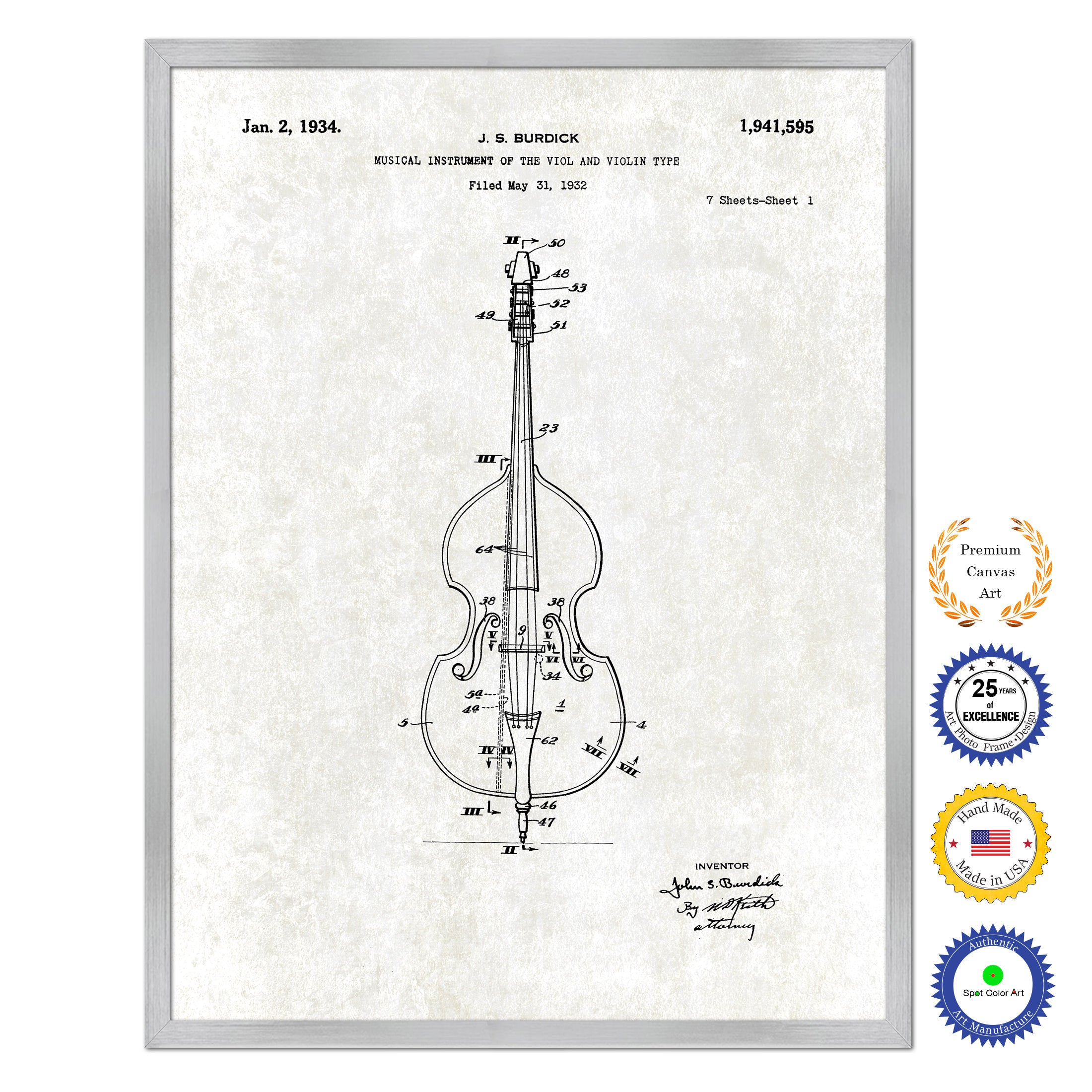 1934 Violin Old Patent Art Print on Canvas Custom Framed Vintage Home Decor Wall Decoration Great for Gifts