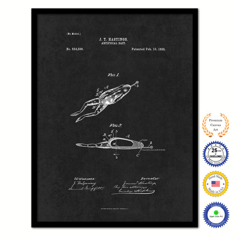 1895 Fishing Artificial Bait Vintage Patent Artwork Black Framed Canvas Home Office Decor Great for Fisherman Cabin Lake House