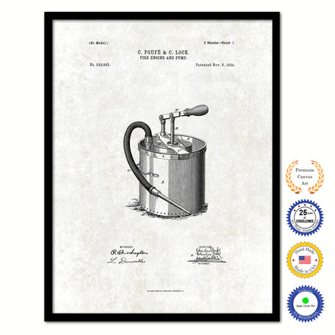 1894 Firefighter Fire Engine and Pump Vintage Patent Artwork Black Framed Canvas Print Home Office Decor Great for Firefighter Fireman Firewoman