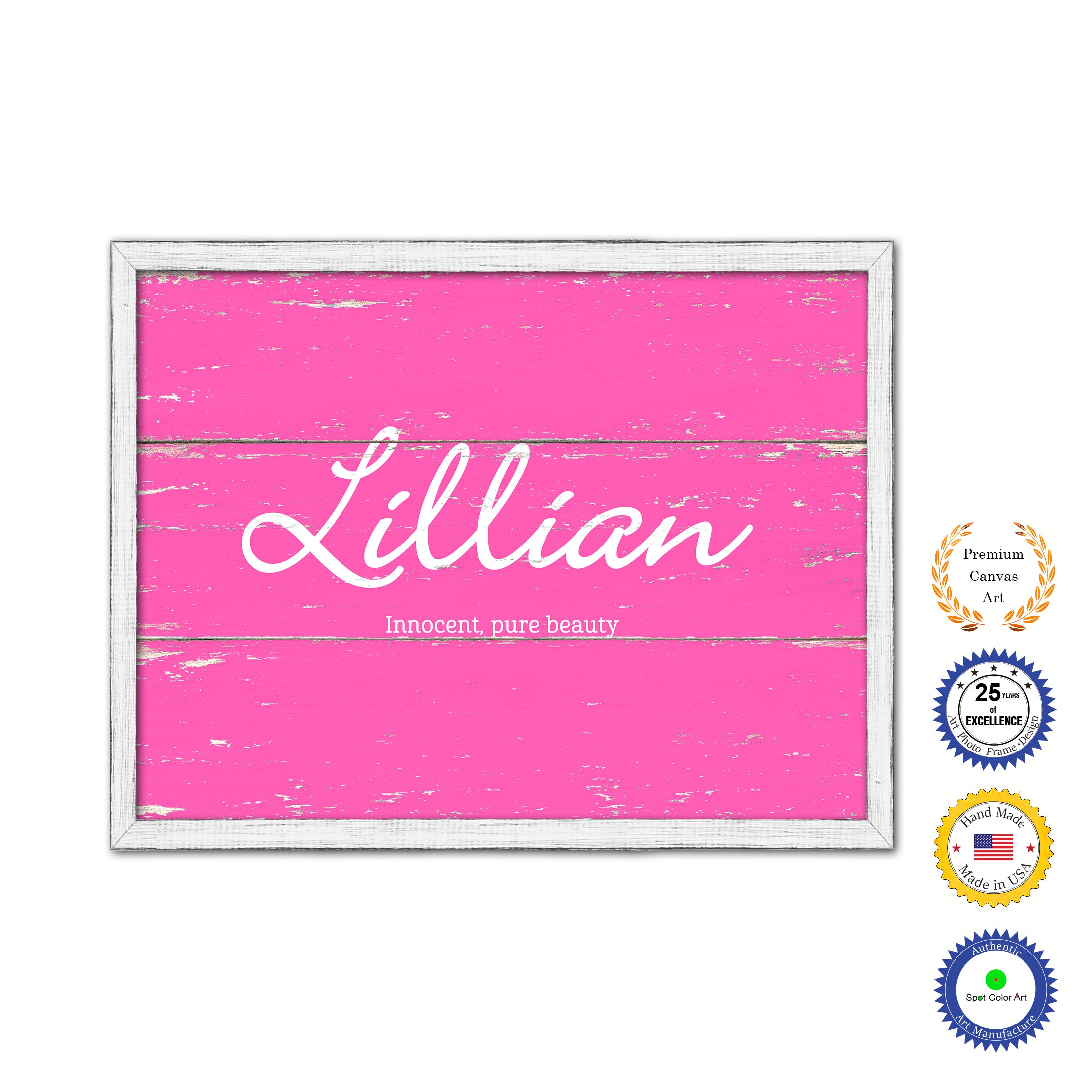 Lillian Name Plate White Wash Wood Frame Canvas Print Boutique Cottage Decor Shabby Chic