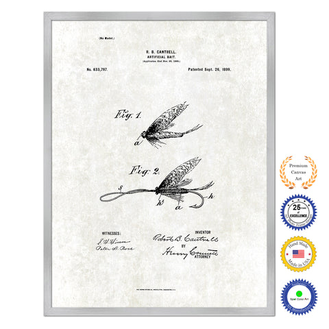 1899 Fishing Artificial Bait Antique Patent Artwork Silver Framed Canvas Print Home Office Decor Great for Fisherman Cabin Lake House