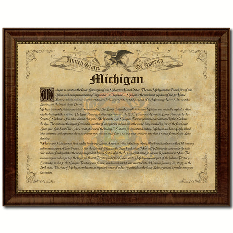 Michigan State Flag Texture Canvas Print with Brown Picture Frame Gifts Home Decor Wall Art Collectible Decoration
