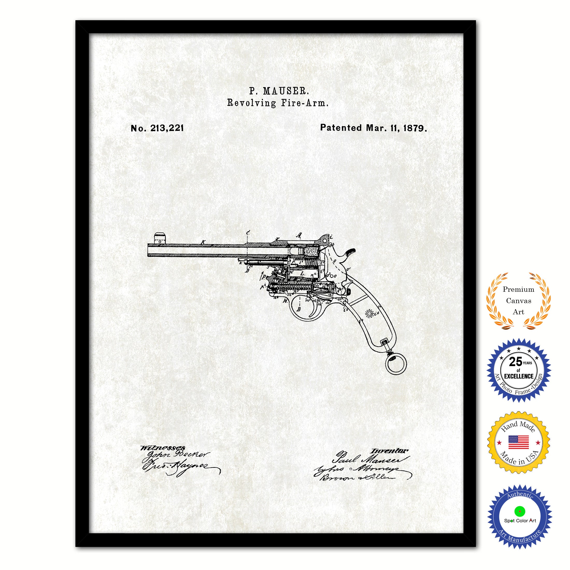 1879 Revolving Fire Arm Old Patent Art Print on Canvas Custom Framed Vintage Home Decor Wall Decoration Great for Gifts