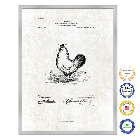 1903 Farming Eye Protector for Chickens Antique Patent Artwork Silver Framed Canvas Print Home Office Decor Great for Farmer Milk Lover Cattle Rancher