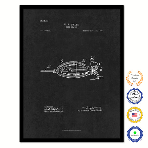 1896 Fishing Bait Guard Vintage Patent Artwork Black Framed Canvas Home Office Decor Great for Fisherman Cabin Lake House
