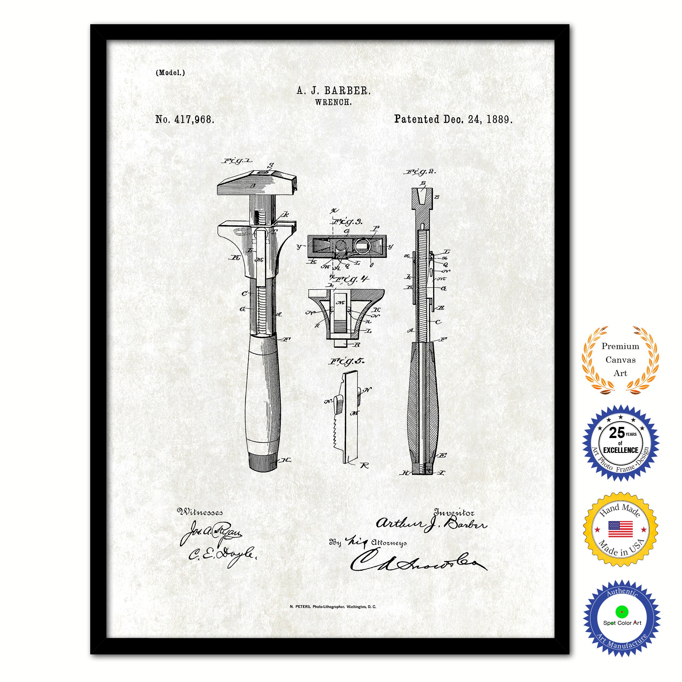 1889 Wrench Old Patent Art Print on Canvas Custom Framed Vintage Home Decor Wall Decoration Great for Gifts