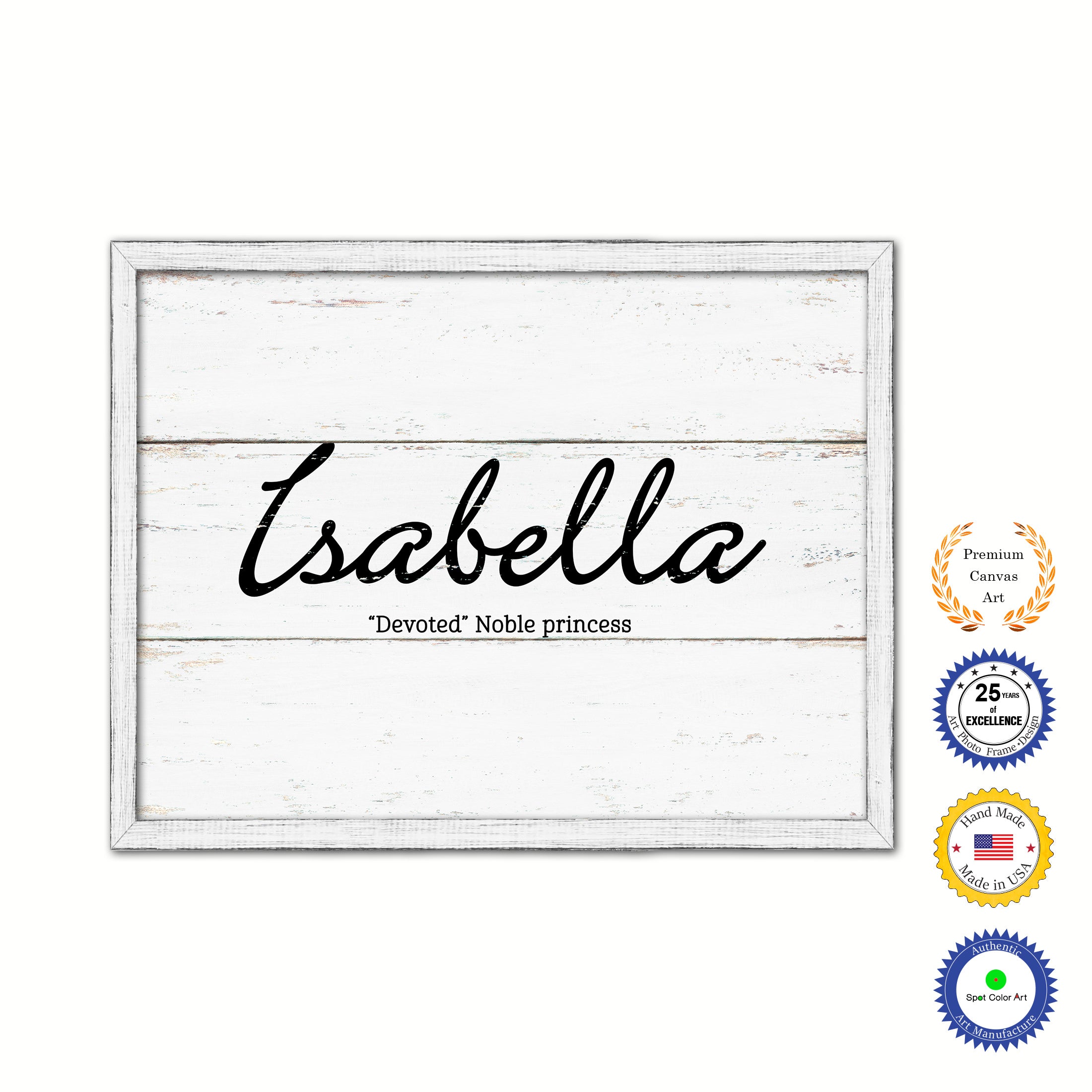 Isabella Name Plate White Wash Wood Frame Canvas Print Boutique Cottage Decor Shabby Chic
