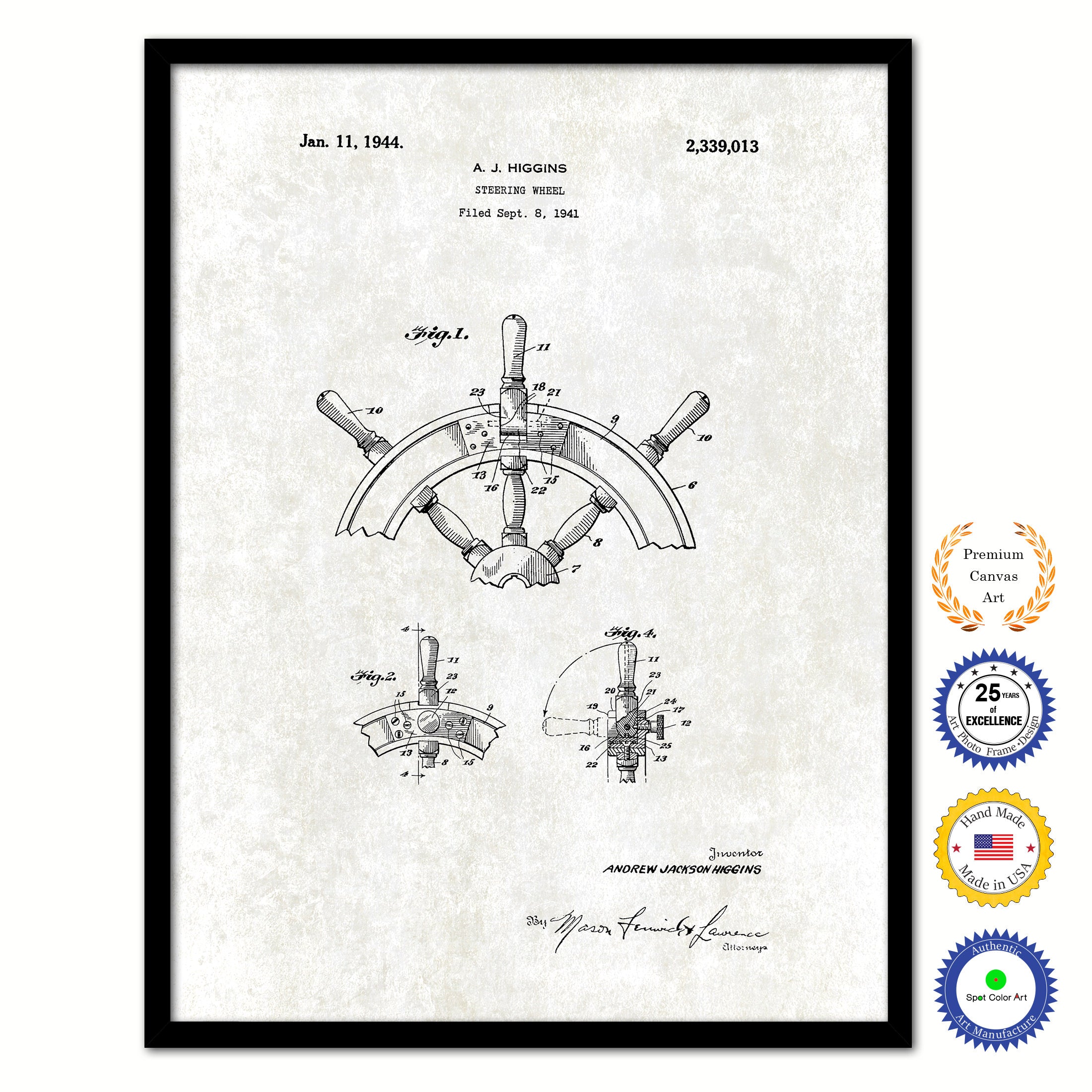 1941 Steering Wheel Old Patent Art Print on Canvas Custom Framed Vintage Home Decor Wall Decoration Great for Gifts