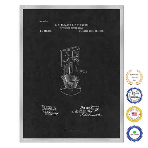 1886 Support for Coffee Mill Grinder Antique Patent Artwork Silver Framed Canvas Home Office Decor Great for Coffee Spice Lover Cafe Shop