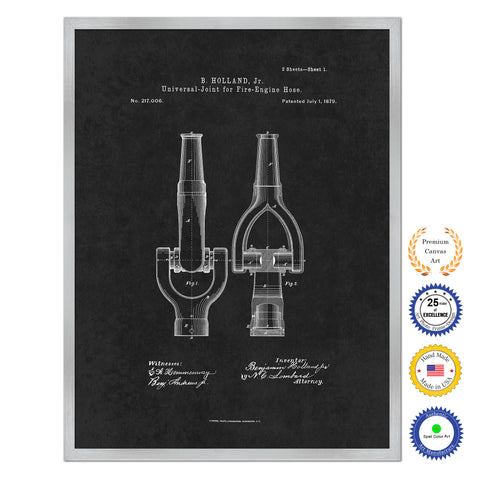 1879 Firefighter Universal Joint for Fire Engine Hose Antique Patent Artwork Silver Framed Canvas Home Office Decor Great for Firefighter Fireman Firewoman