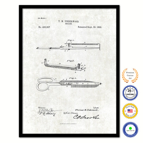 1892 Barber Shears Vintage Patent Artwork Black Framed Canvas Print Home Office Decor Great Gift for Barber Salon Hair Stylist