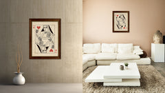 Queen Heart Poker Decks of Vintage Cards Print on Canvas Brown Custom Framed