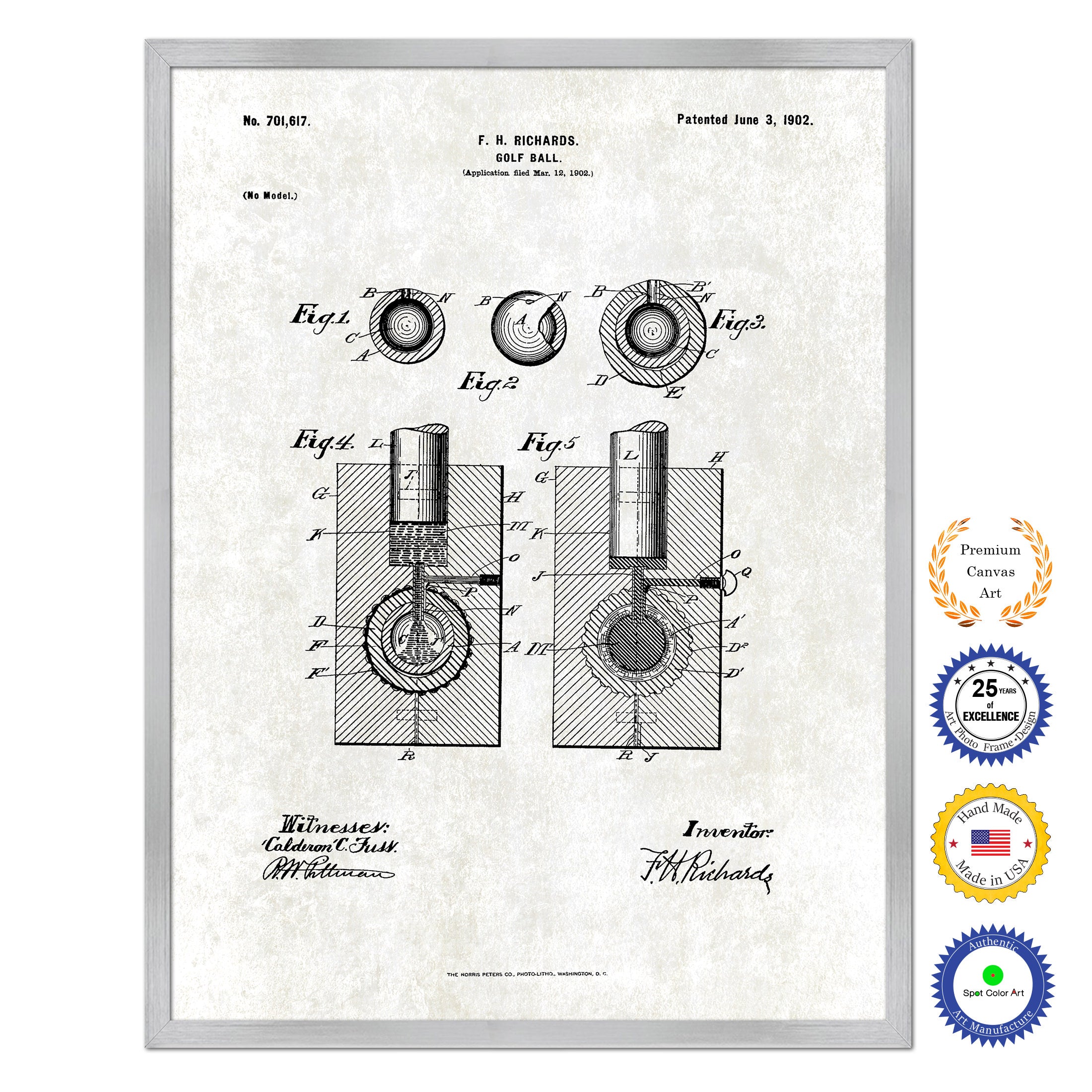 1902 Golf Ball Old Patent Art Print on Canvas Custom Framed Vintage Home Decor Wall Decoration Great for Gifts