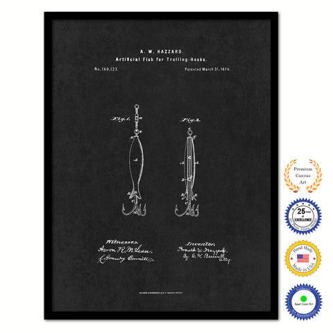 1874 Fishing Artificial Fish for Trolling Hooks Vintage Patent Artwork Black Framed Canvas Home Office Decor Great for Fisherman Cabin Lake House