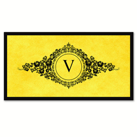 Alphabet Letter V Yellow Canvas Print, Black Custom Frame