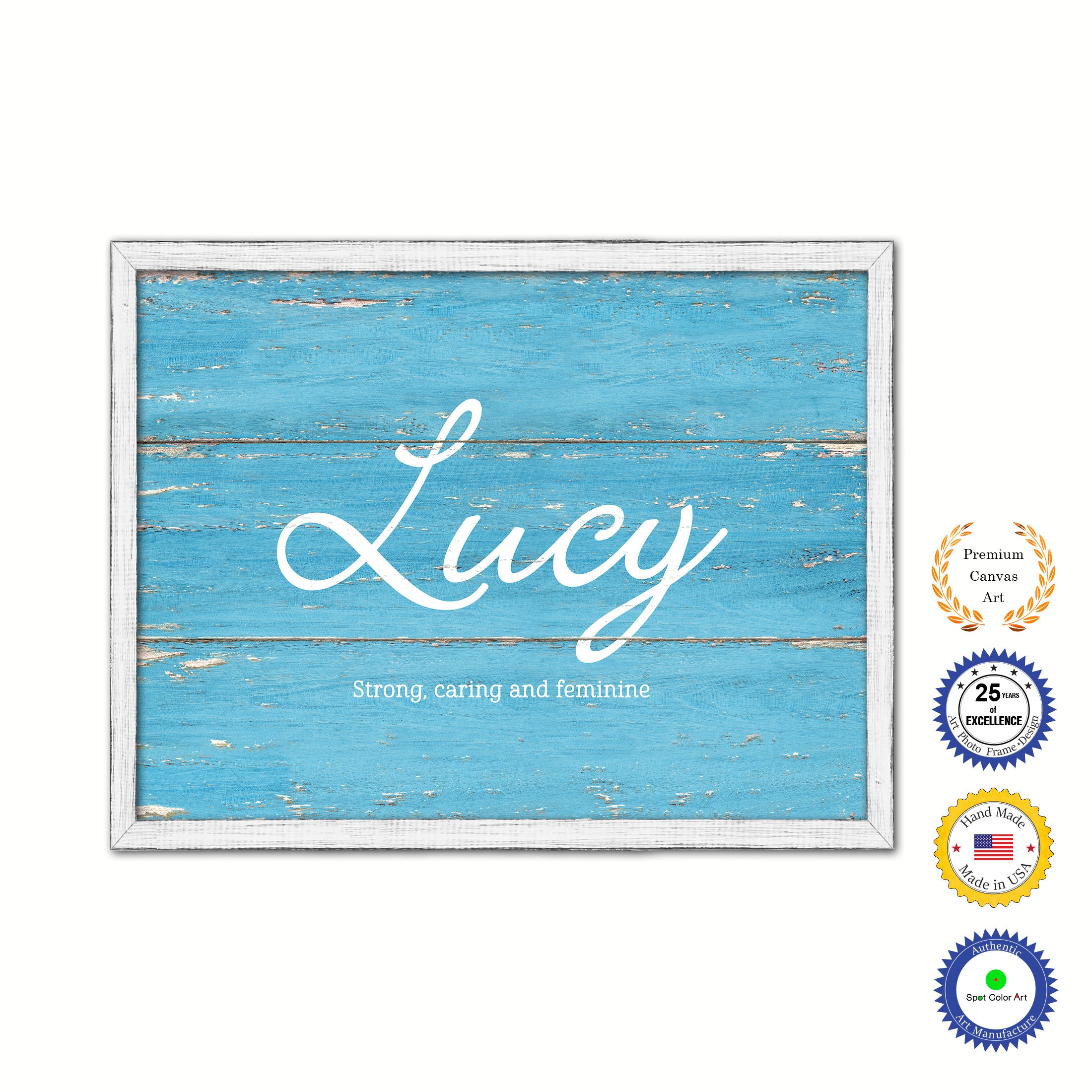Lucy Name Plate White Wash Wood Frame Canvas Print Boutique Cottage Decor Shabby Chic