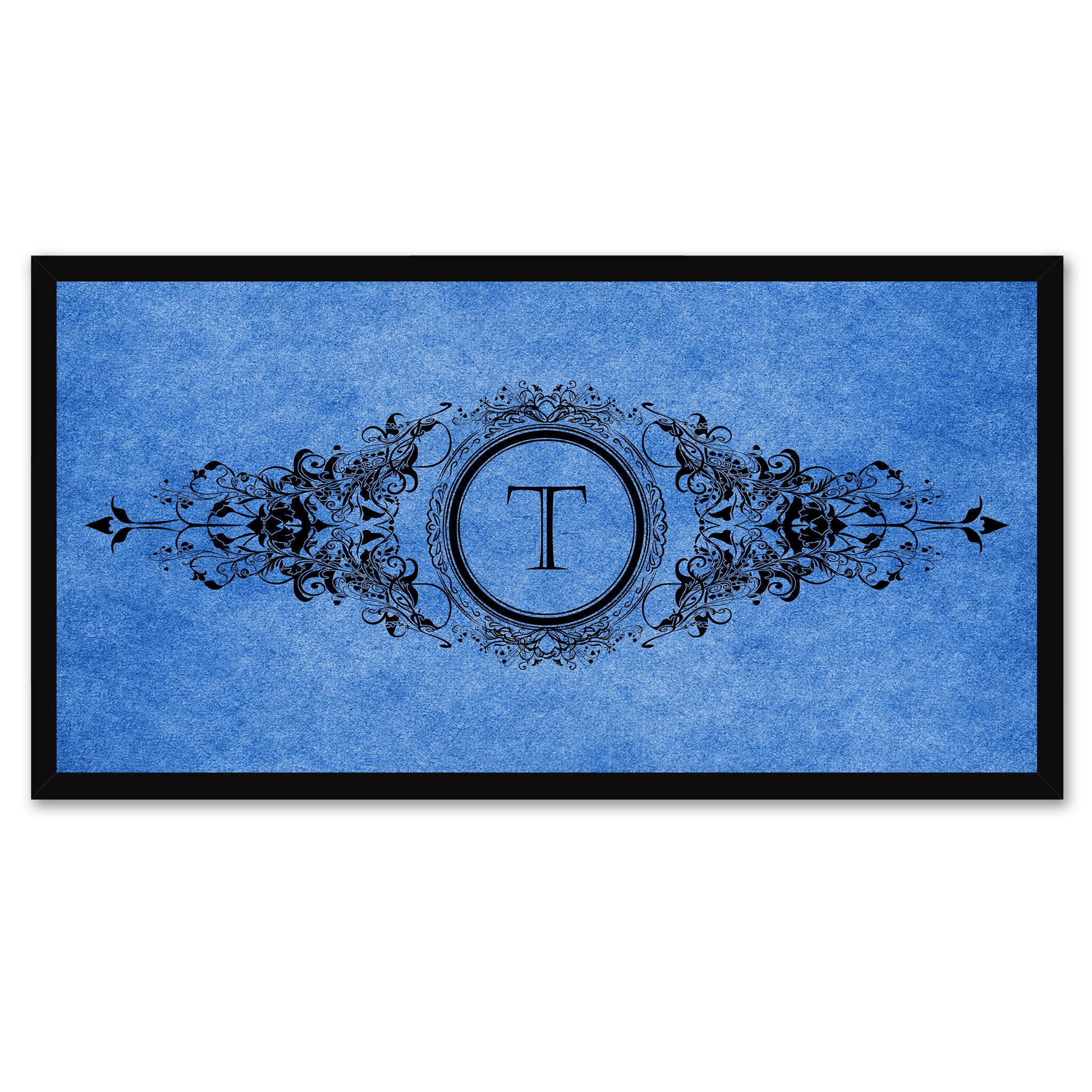 Alphabet Letter T Blue Canvas Print, Black Custom Frame