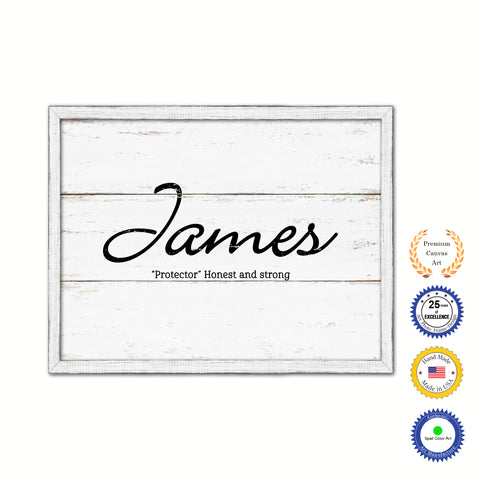 James Name Plate White Wash Wood Frame Canvas Print Boutique Cottage Decor Shabby Chic