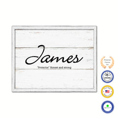 James Name Plate White Wash Wood Frame Canvas Print Boutique Cottage Decor Shabby Chic