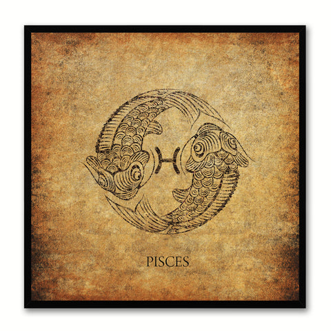 Zodiac Pisces Horoscope Brown Canvas Print, Black Picture Frame Home Decor Wall Art Gift