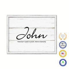 John Name Plate White Wash Wood Frame Canvas Print Boutique Cottage Decor Shabby Chic